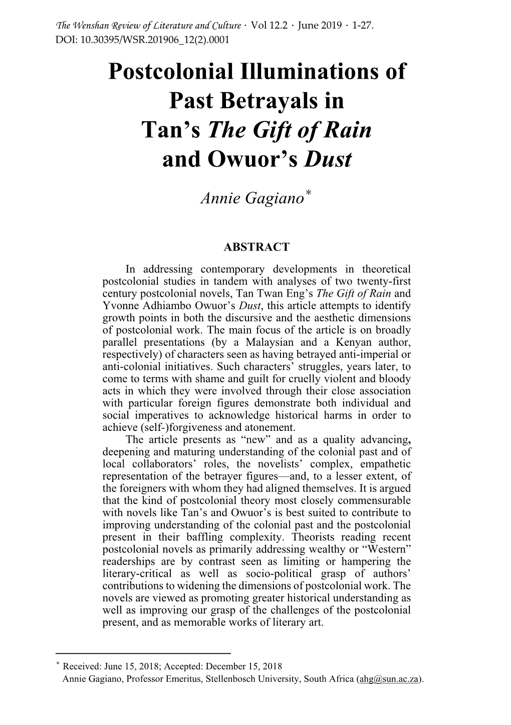 Postcolonial Illuminations of Past Betrayals in Tan's the Gift of Rain