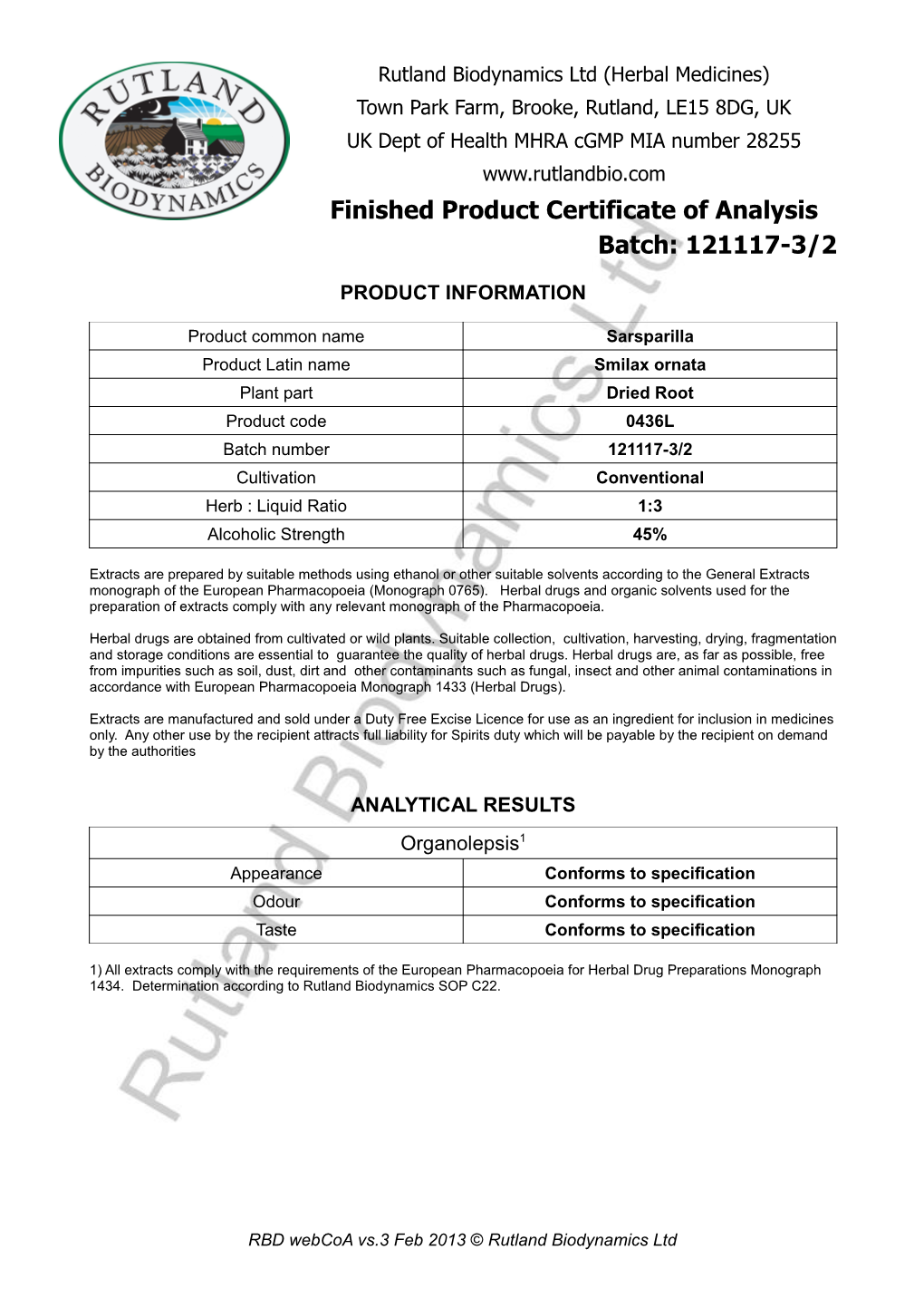 Batch: 121117-3/2 Finished Product Certificate of Analysis