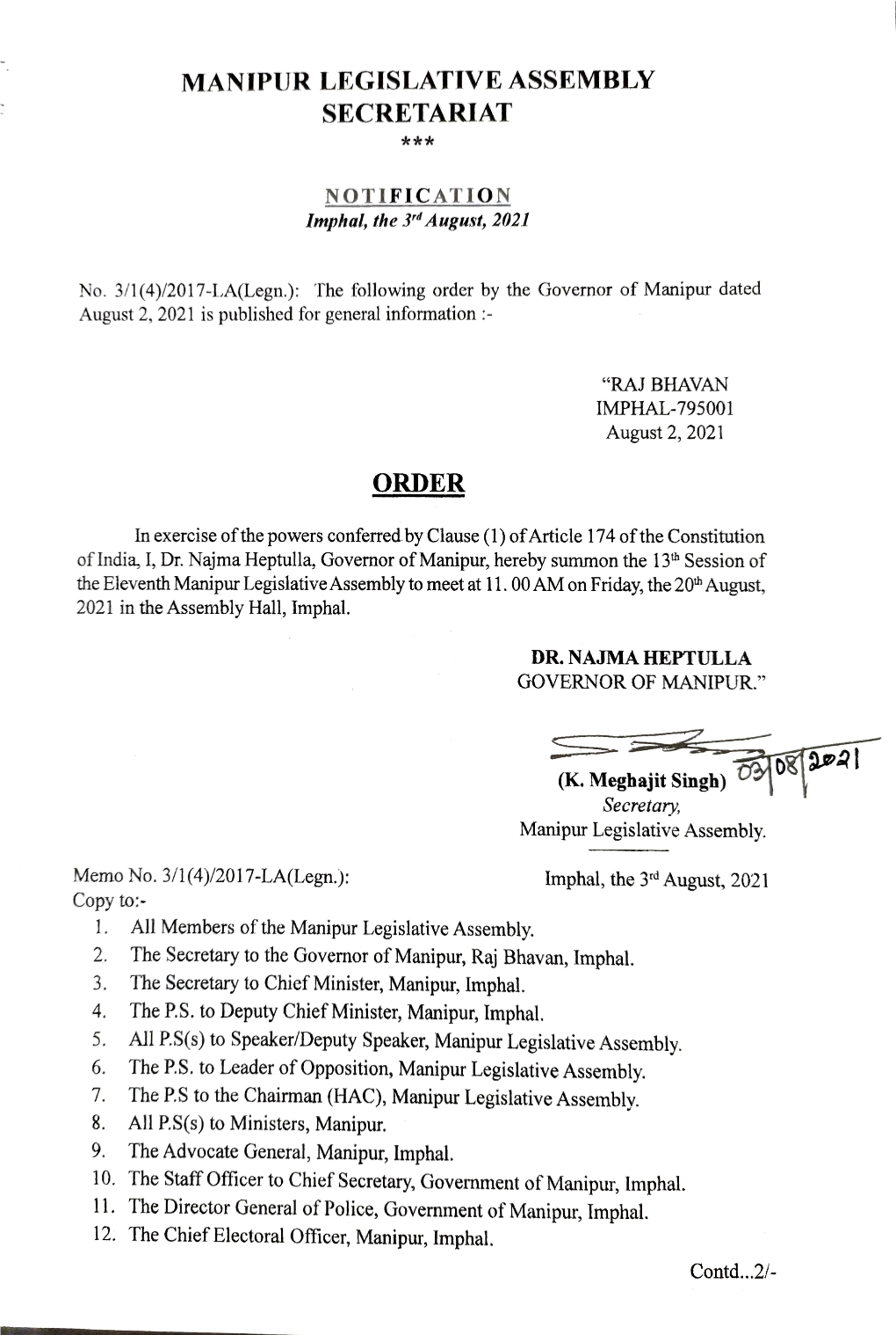 11. the Director General of Police, Government of Manipur, Imphal. 12