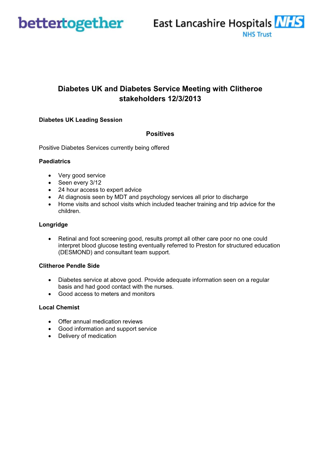 Diabetes UK and Diabetes Service Meeting with Clitheroe Stakeholders 12/3/2013