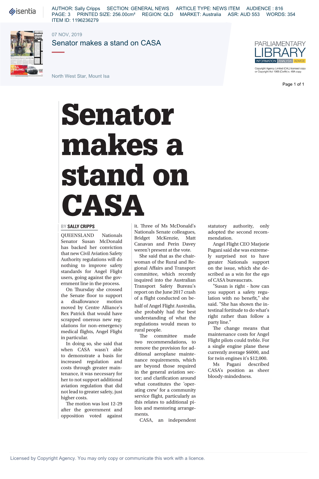 Senator Makes a Stand on CASA