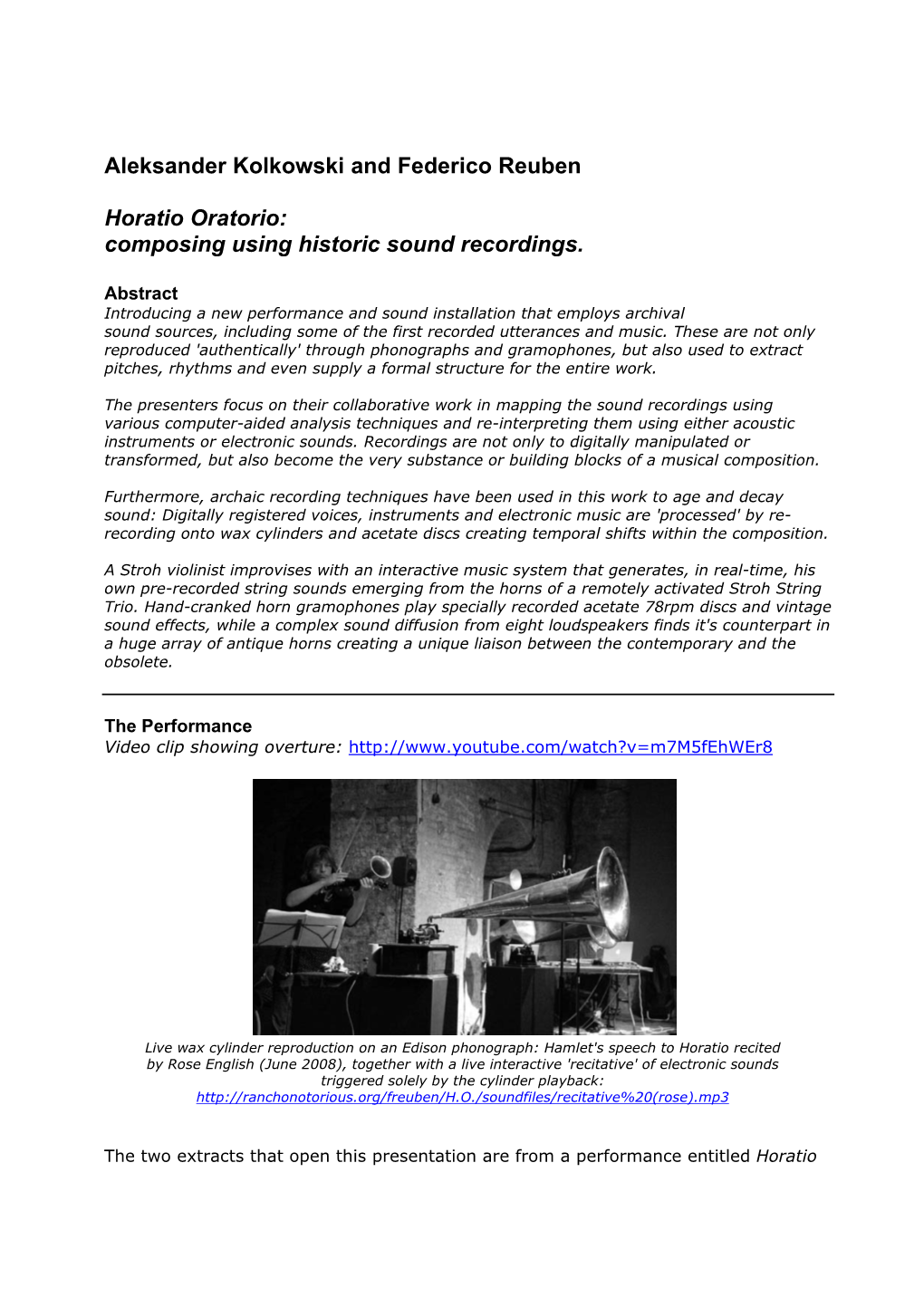 Aleksander Kolkowski and Federico Reuben Horatio Oratorio: Composing Using Historic Sound Recordings