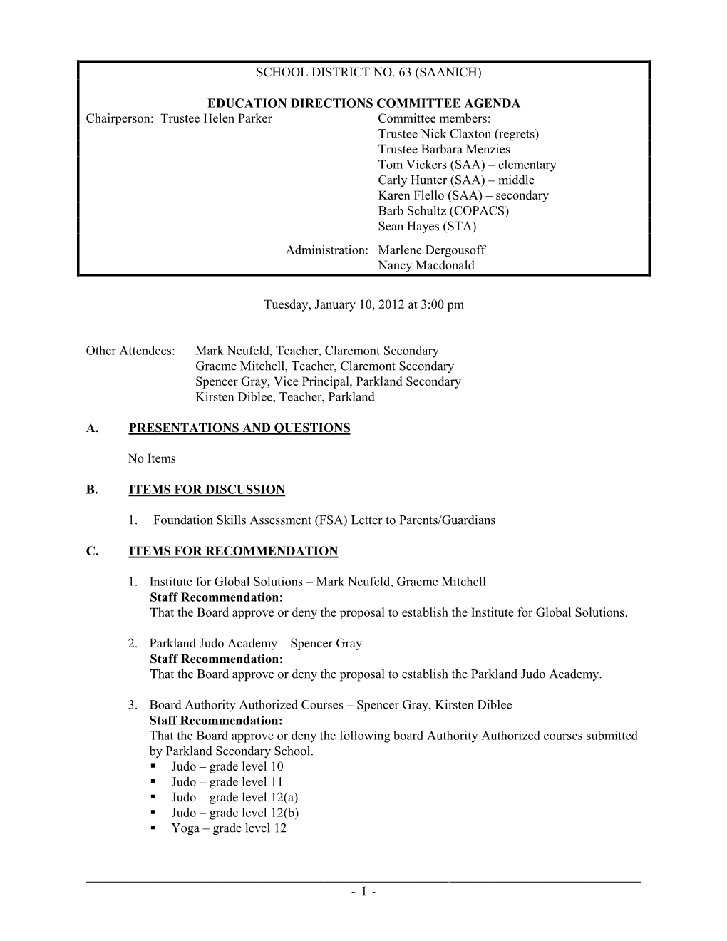 January 10, 2012 Ed Dir Agenda