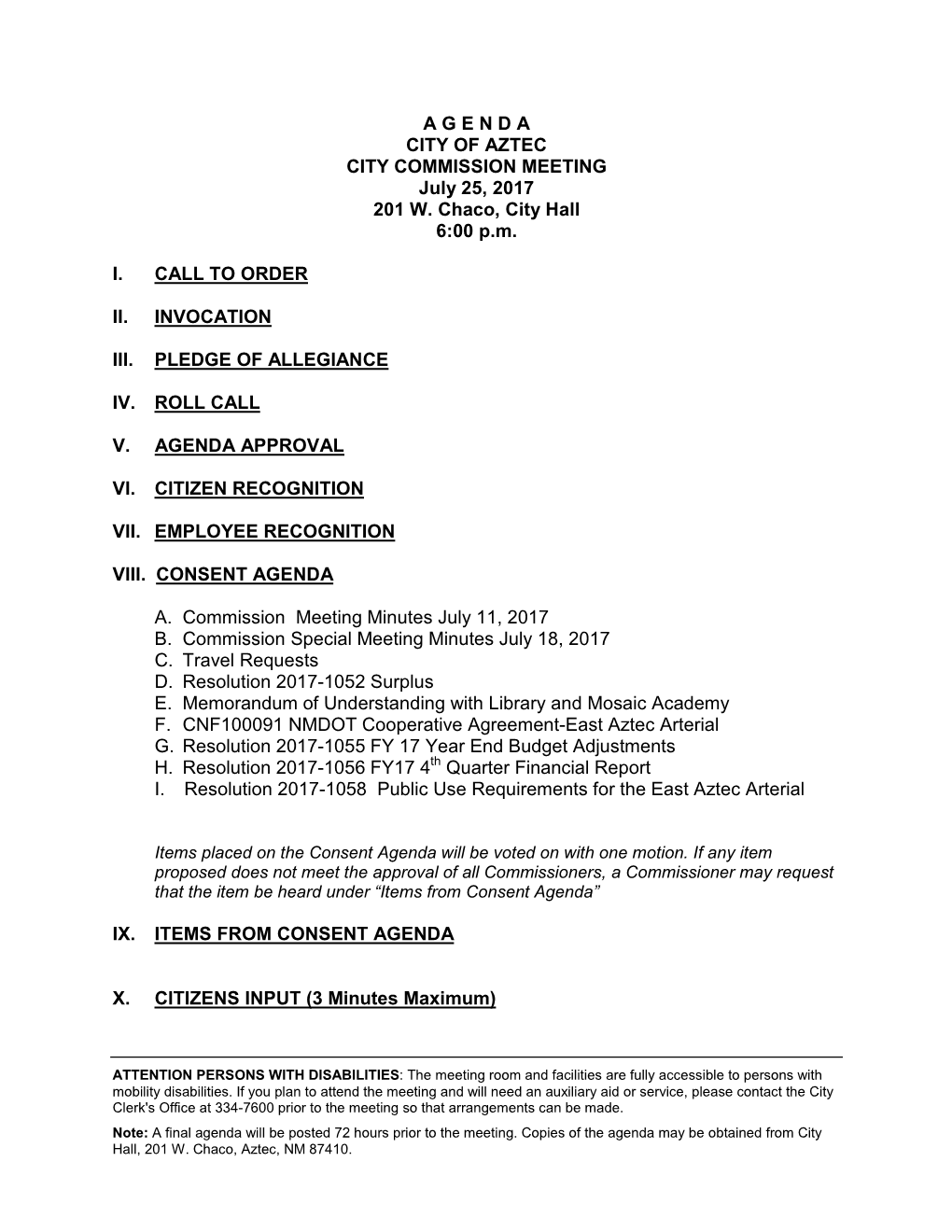 A G E N D a CITY of AZTEC CITY COMMISSION MEETING July 25, 2017 201 W