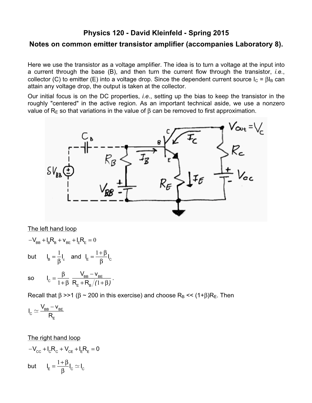 Notes on Common Emitter Transistor Amplifier for Laboratory 8