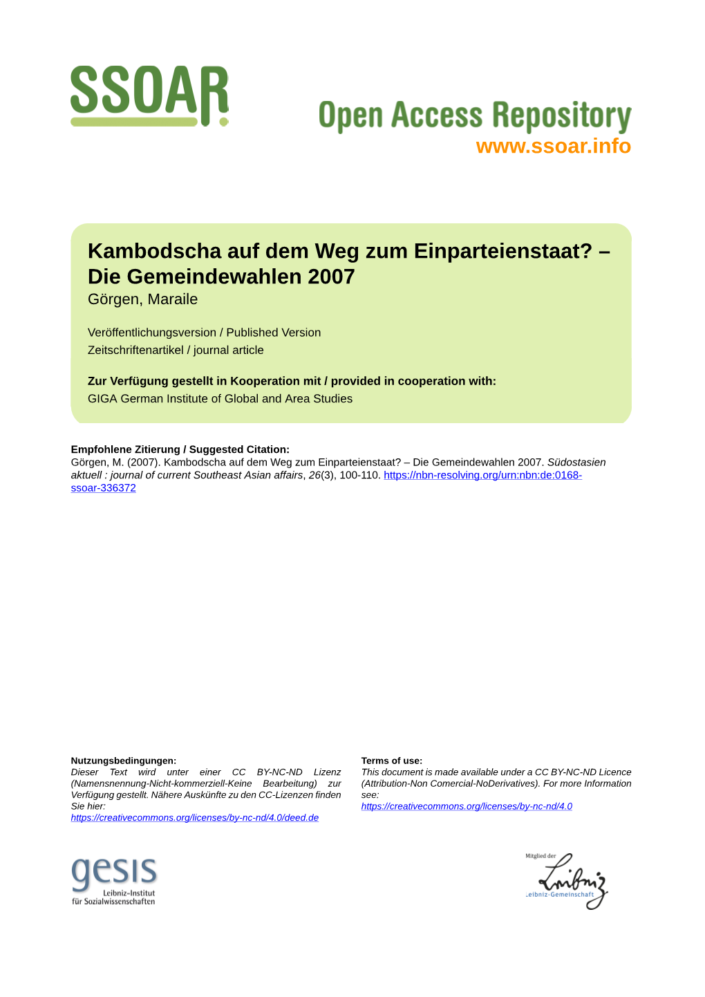 Kambodscha Auf Dem Weg Zum Einparteienstaat? – Die Gemeindewahlen 2007 Görgen, Maraile