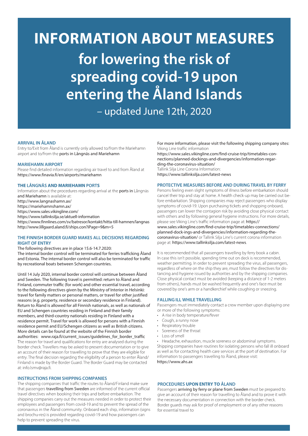 INFORMATION ABOUT MEASURES for Lowering the Risk of Spreading Covid-19 Upon Entering the Åland Islands – Updated June 12Th, 2020