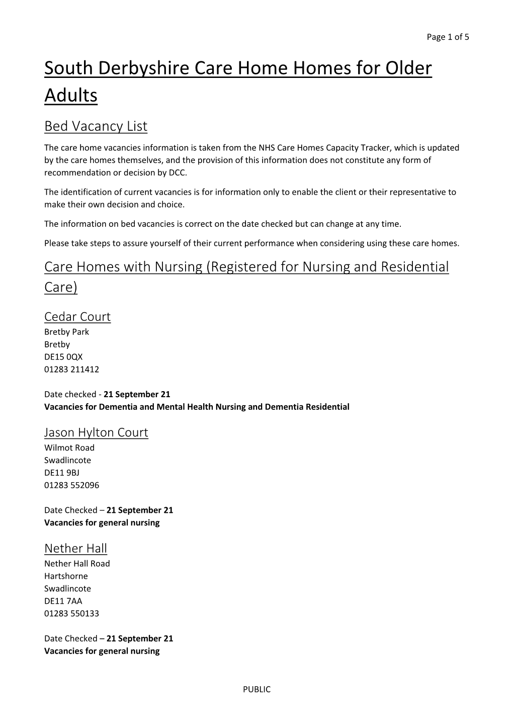 South Derbyshire Bed Vacancies