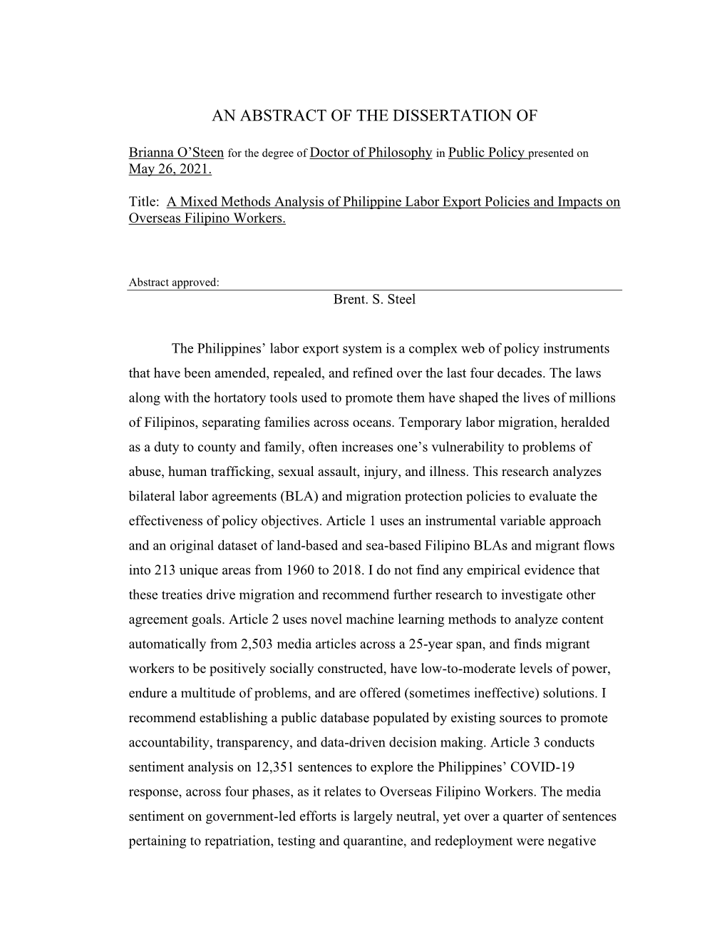 An Abstract of the Dissertation Of