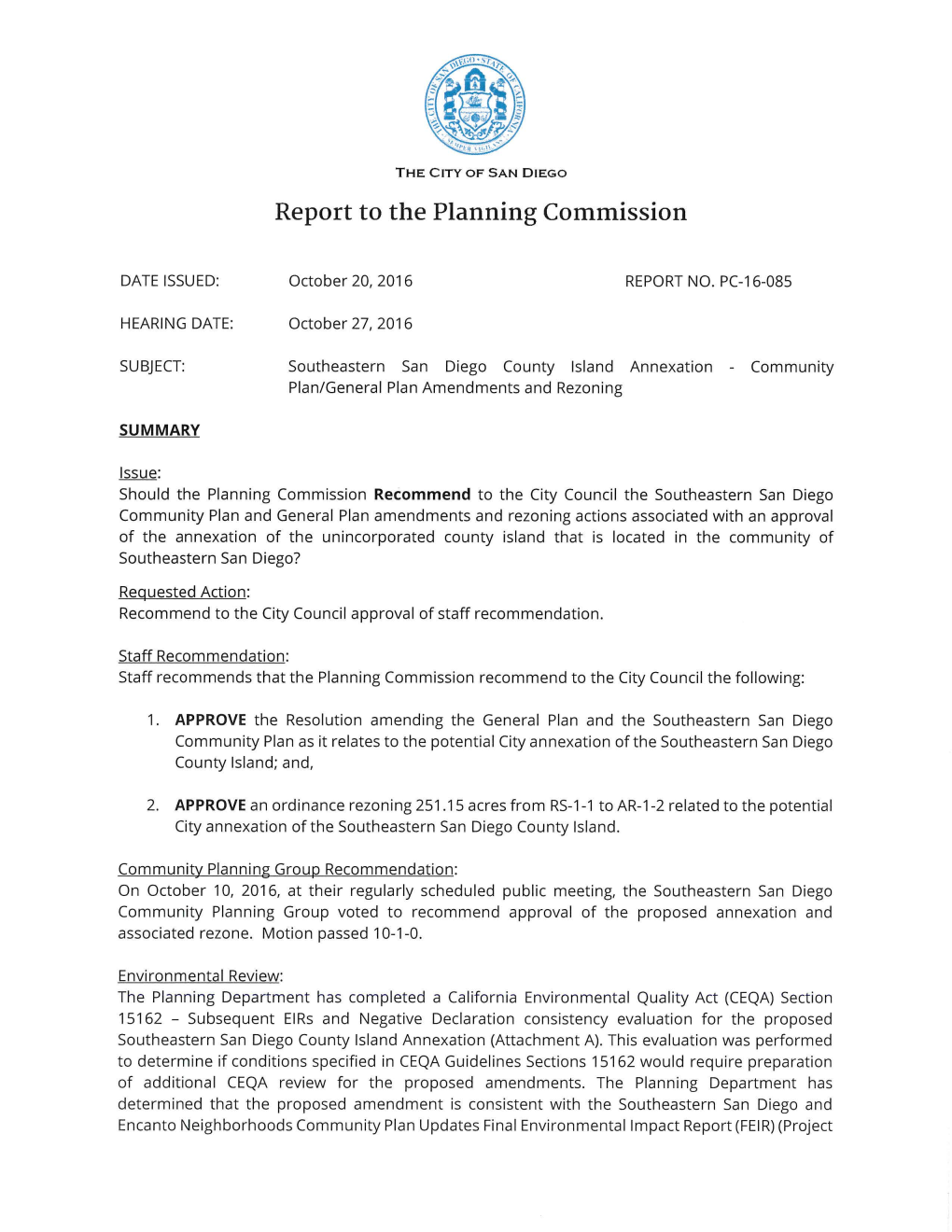 Report to the Planning Commission