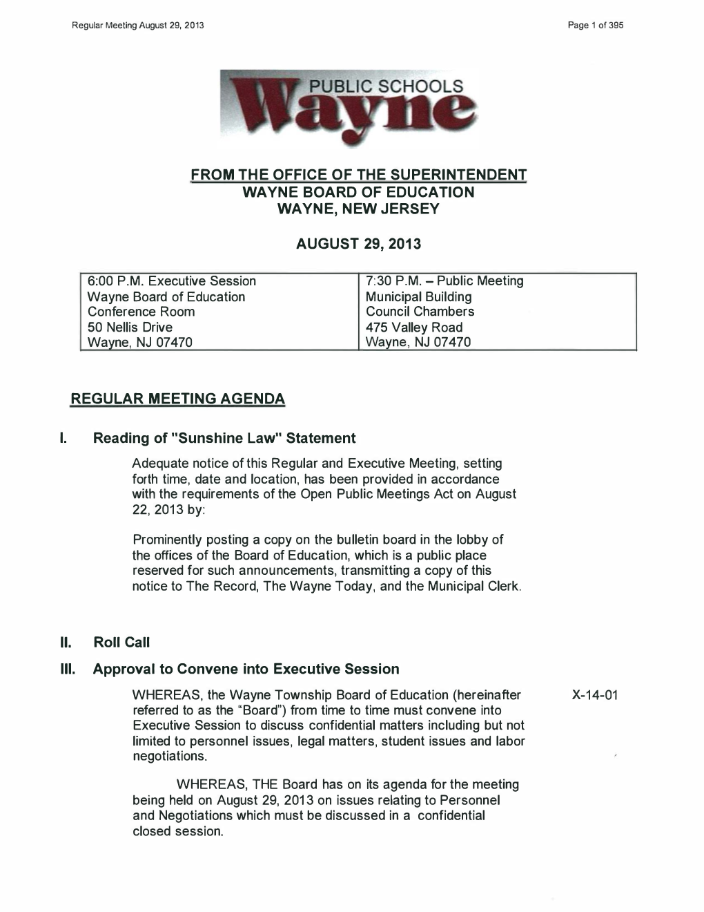 6:00 P.M. Executive Session Wayne Board Of