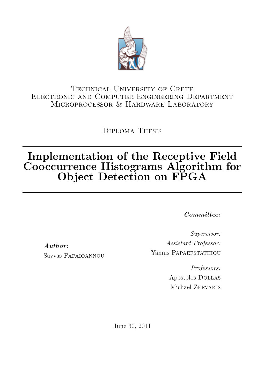 Implementation of the Receptive Field Cooccurrence Histograms Algorithm for Object Detection on FPGA