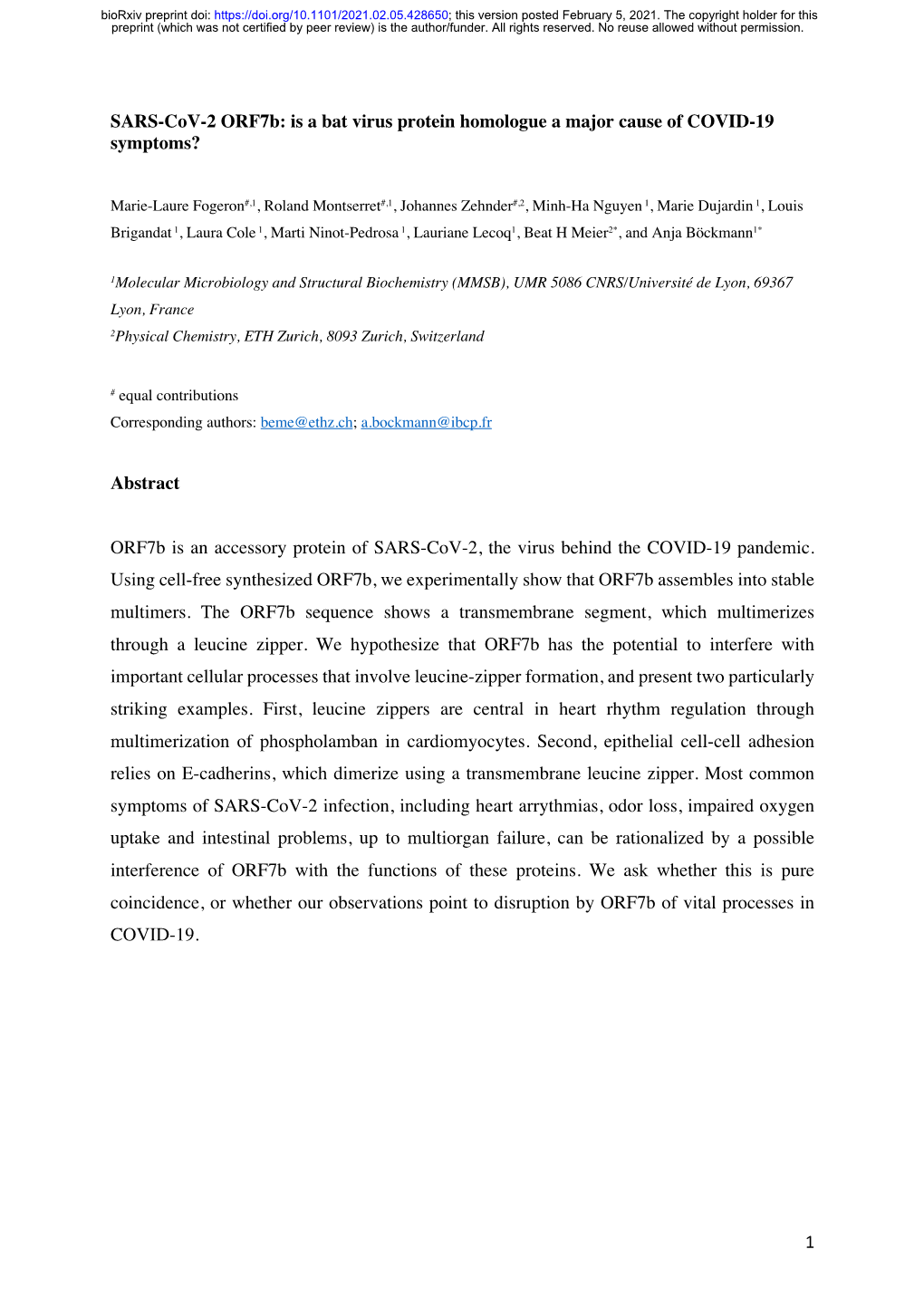 SARS-Cov-2 Orf7b: Is a Bat Virus Protein Homologue a Major Cause of COVID-19 Symptoms?