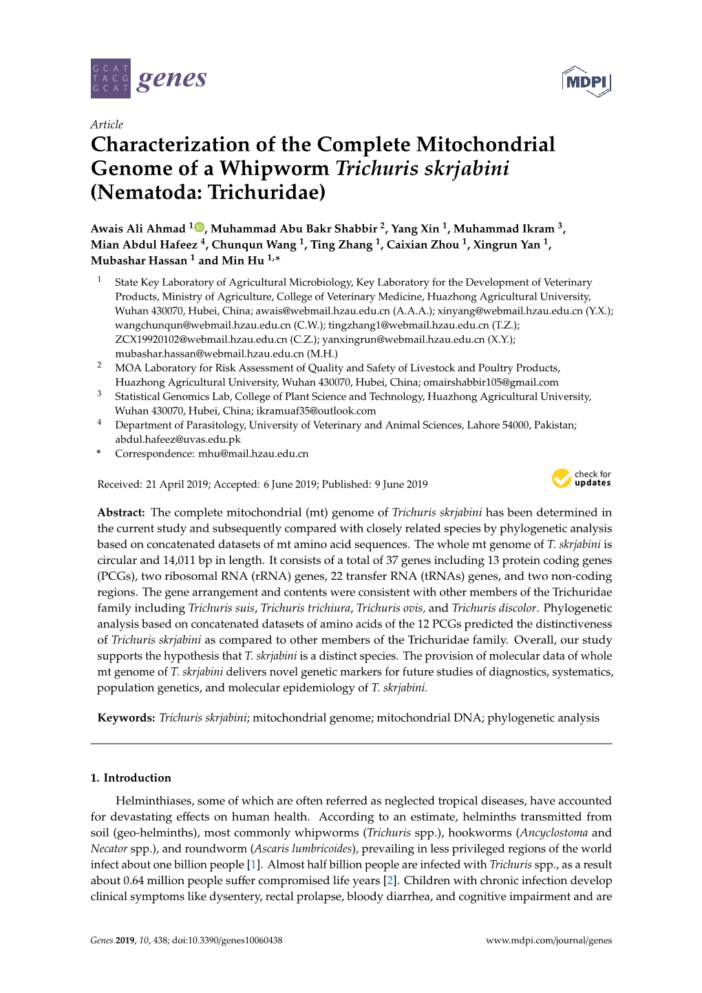 Characterization of the Complete Mitochondrial Genome of a Whipworm Trichuris Skrjabini (Nematoda: Trichuridae)