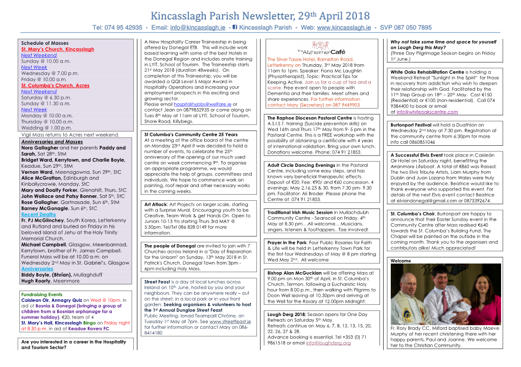 Kincasslagh Parish Newsletter, 29Th April 2018 Tel: 074 95 42935 - Email: Info@Kincasslagh.Ie - Kincasslagh Parish - Web: - SVP 087 050 7895