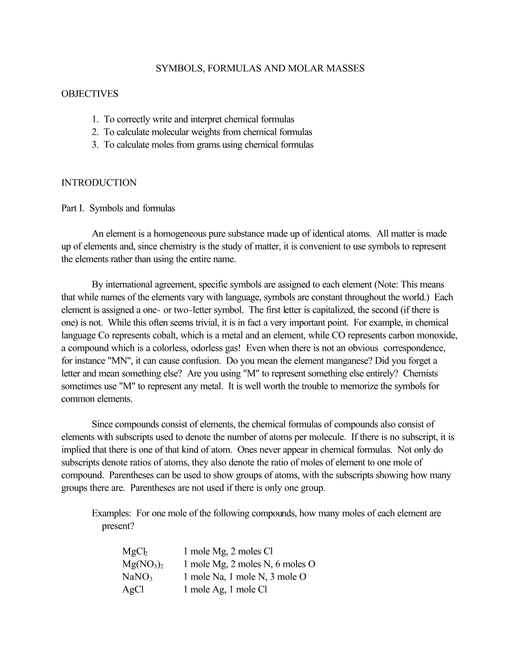 Symbols, Formulas and Molar Masses