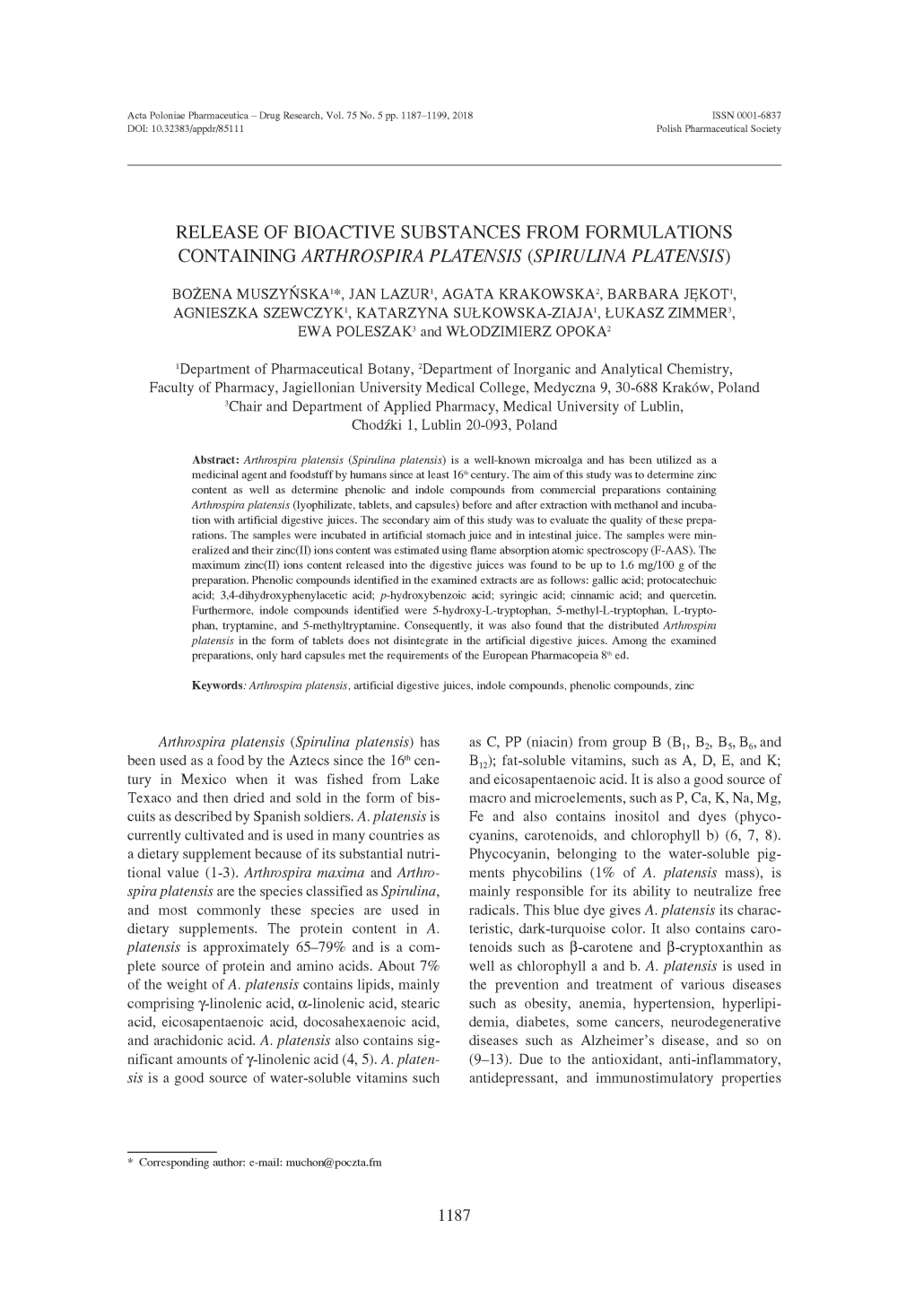 Release of Bioactive Substances from Formulations Containing Arthrospira Platensis (Spirulina Platensis)