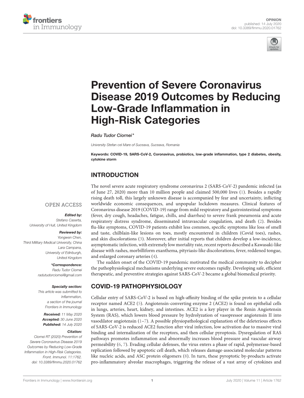 Prevention of Severe Coronavirus Disease 2019 Outcomes by Reducing Low-Grade Inﬂammation in High-Risk Categories