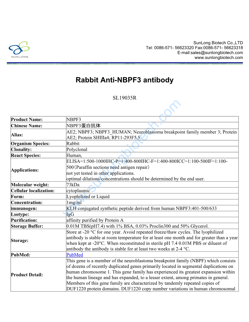 Rabbit Anti-NBPF3 Antibody-SL19035R