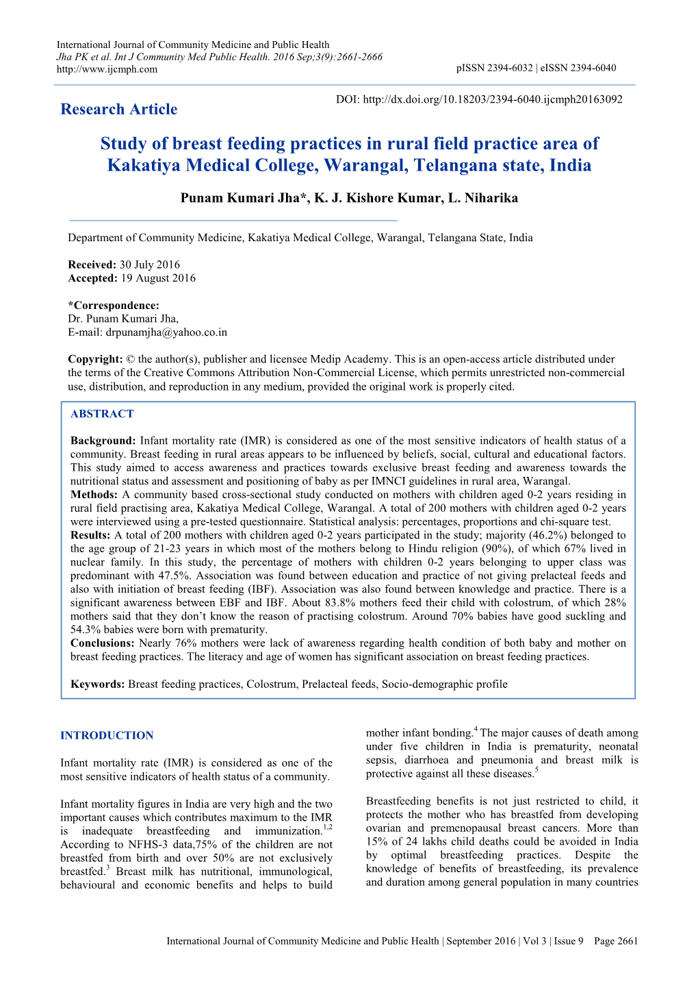 Research Article Study of Breast Feeding Practices in Rural Field Practice Area of Kakatiya Medical College, Warangal, Telangana State, India