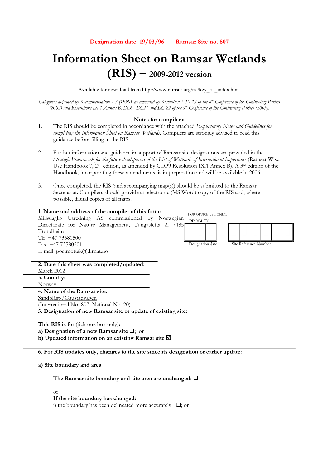 Information Sheet on Ramsar Wetlands (RIS) – 2009-2012 Version