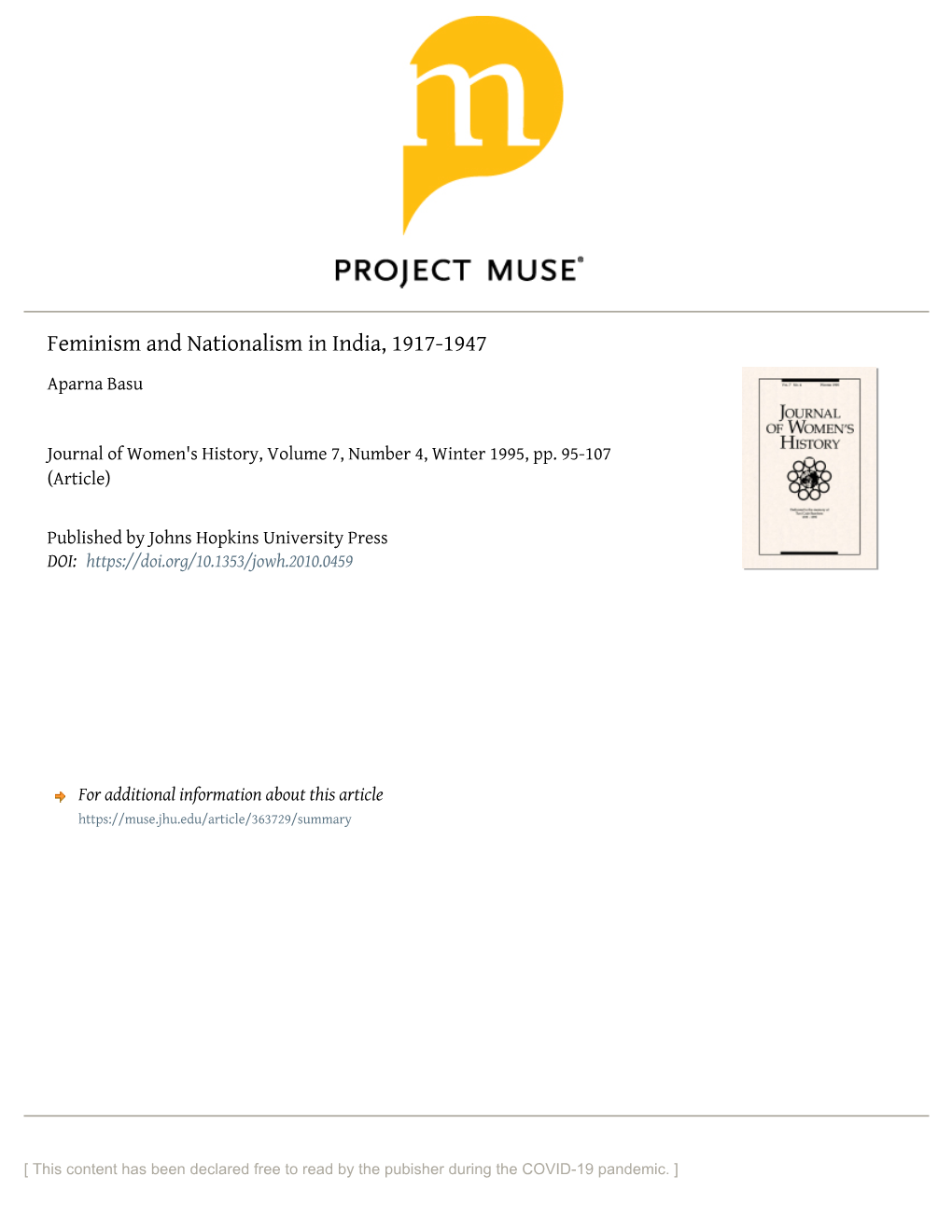 Feminism and Nationalism in India, 1917-1947 Aparna Basu