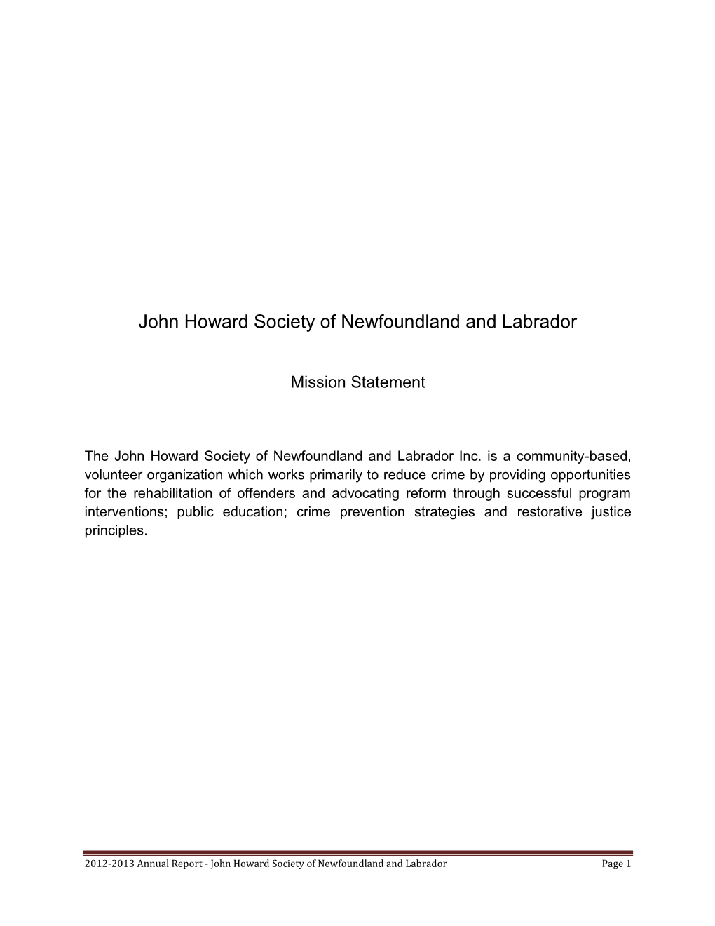 2012-2013 Annual Report - John Howard Society of Newfoundland and Labrador Page 1