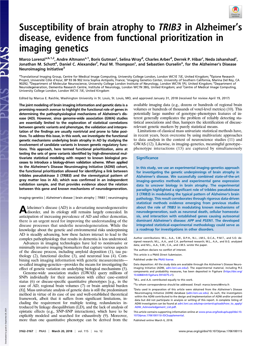 Susceptibility of Brain Atrophy to TRIB3 in Alzheimer's Disease