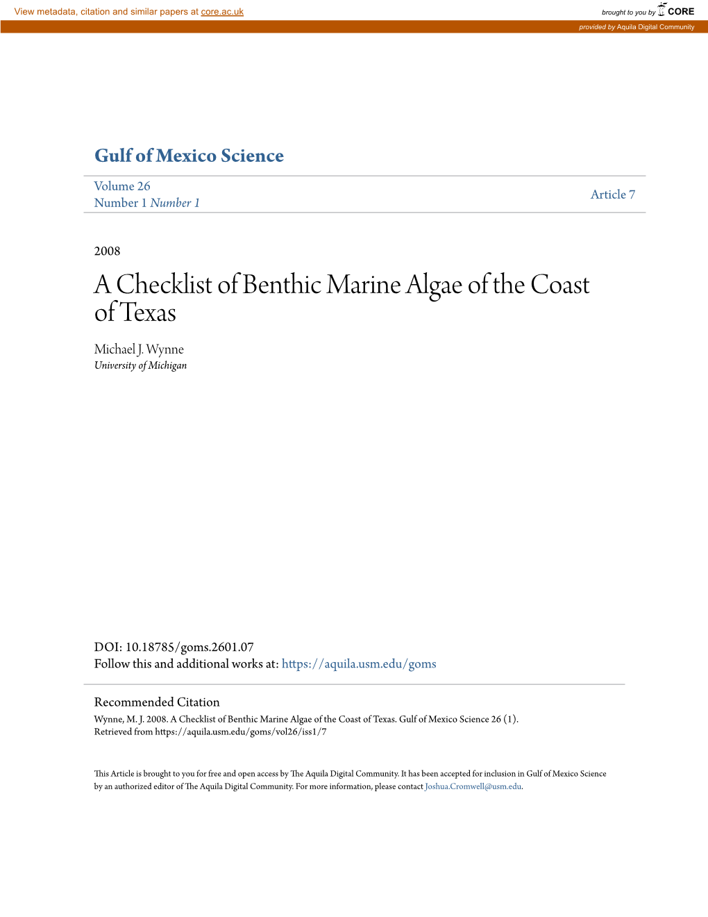 A Checklist of Benthic Marine Algae of the Coast of Texas Michael J