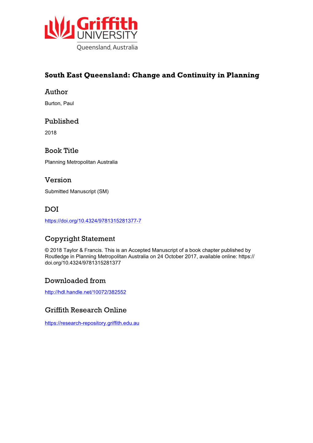 South East Queensland: Change and Continuity in Planning