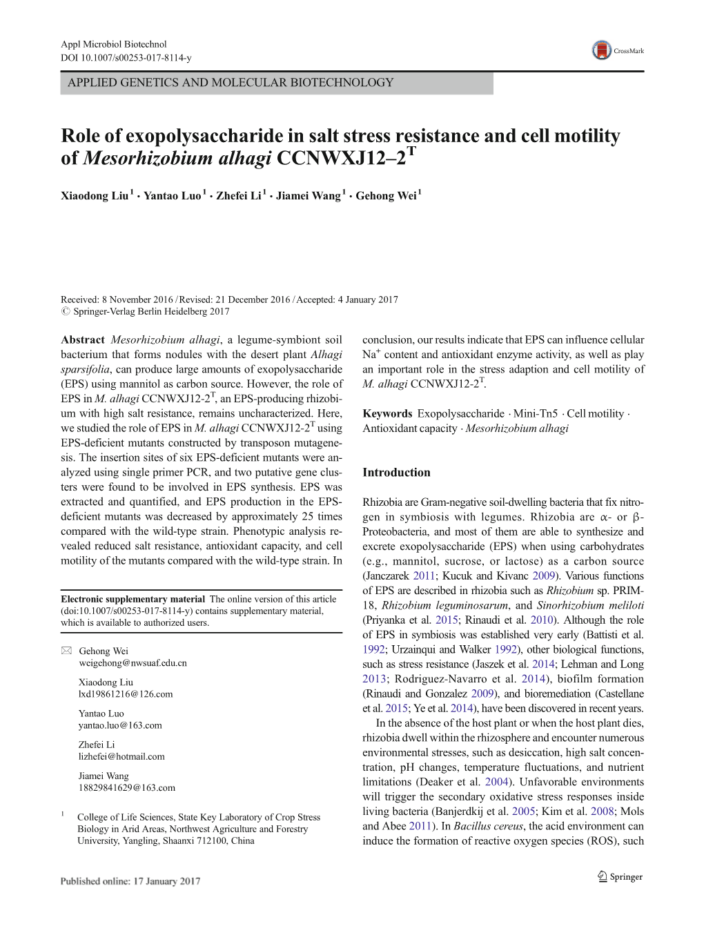 Role of Exopolysaccharide in Salt Stress Resistance and Cell Motility of Mesorhizobium Alhagi CCNWXJ12–2T