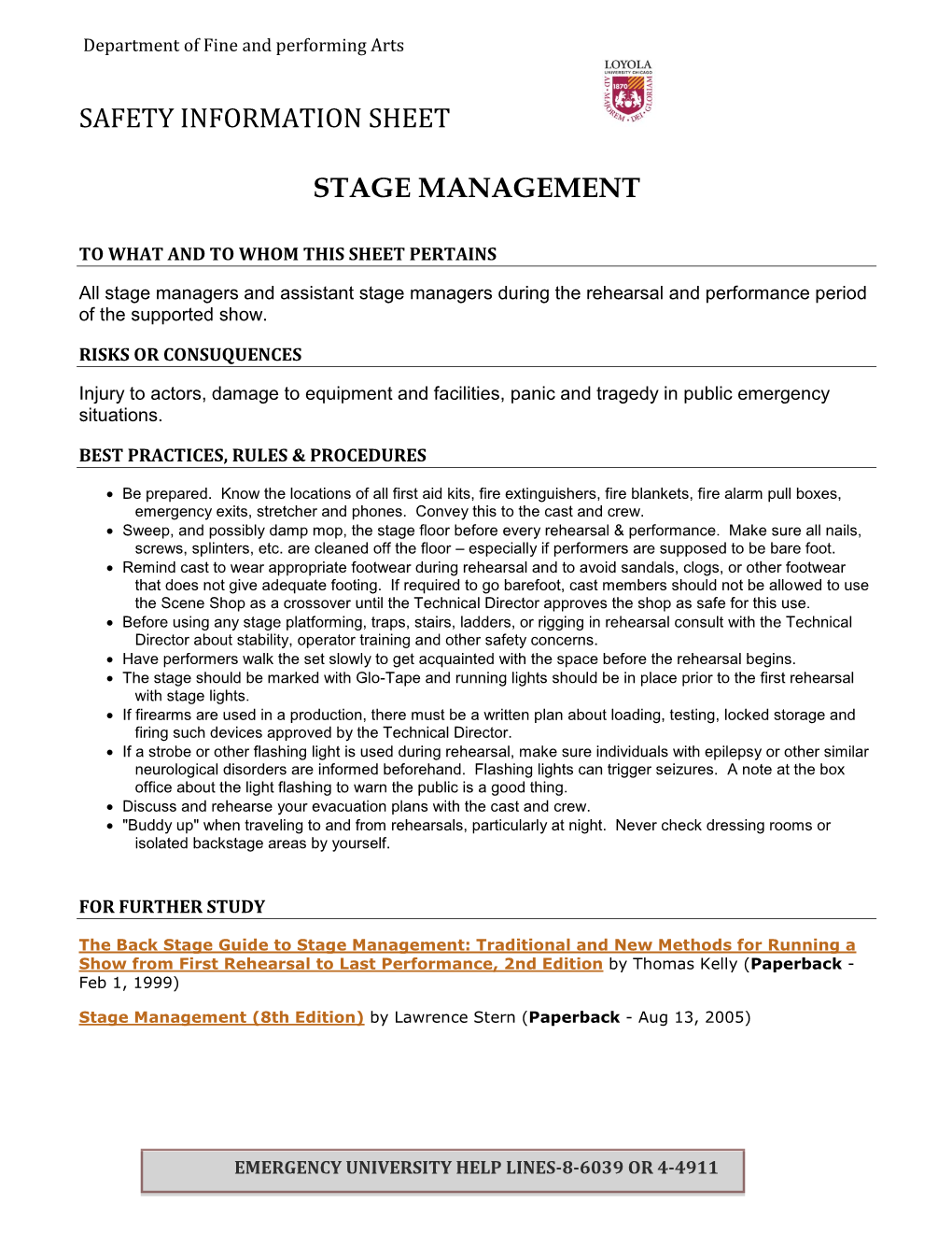 Safety Information Sheet Stage Management