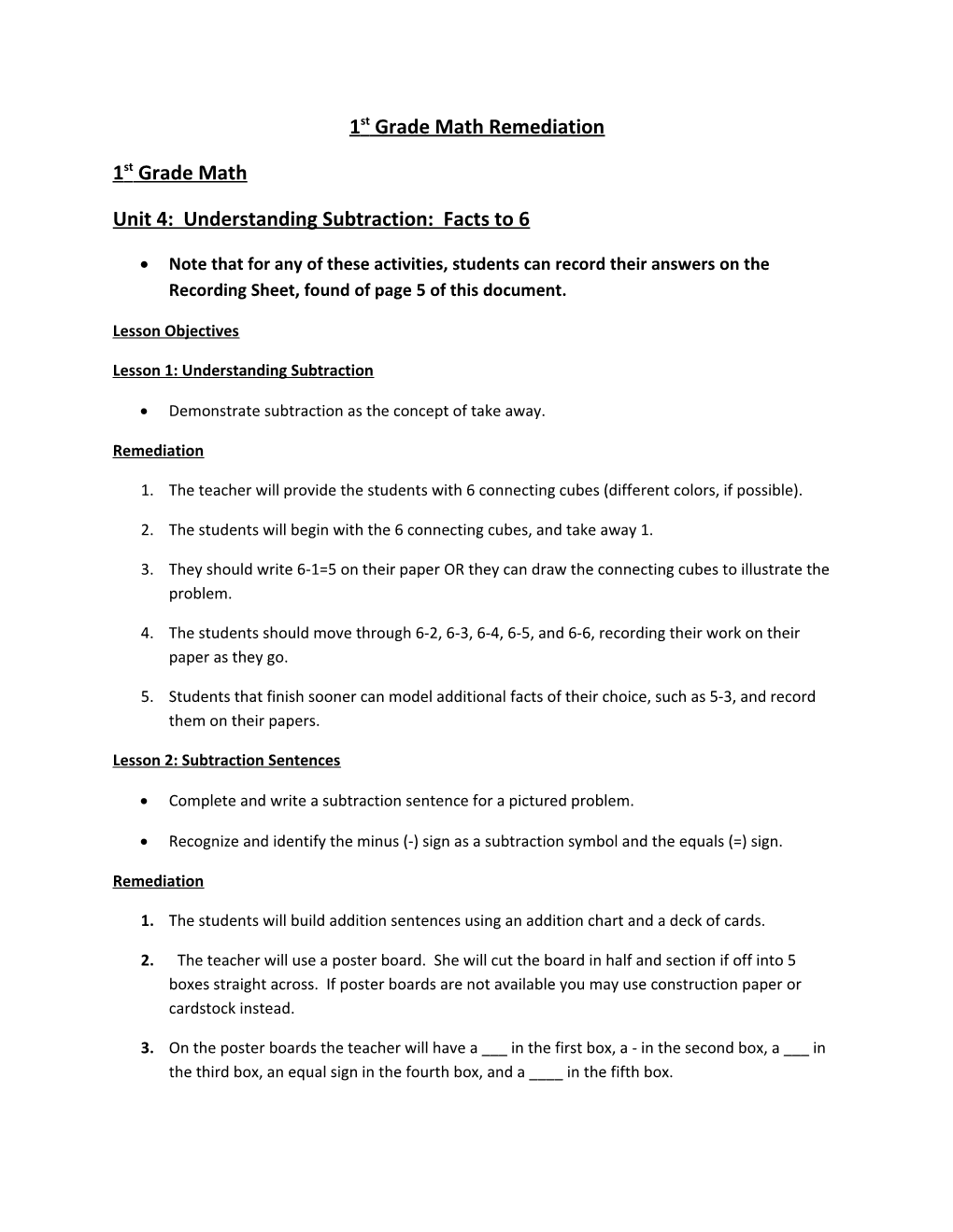 1St Grade Math Remediation