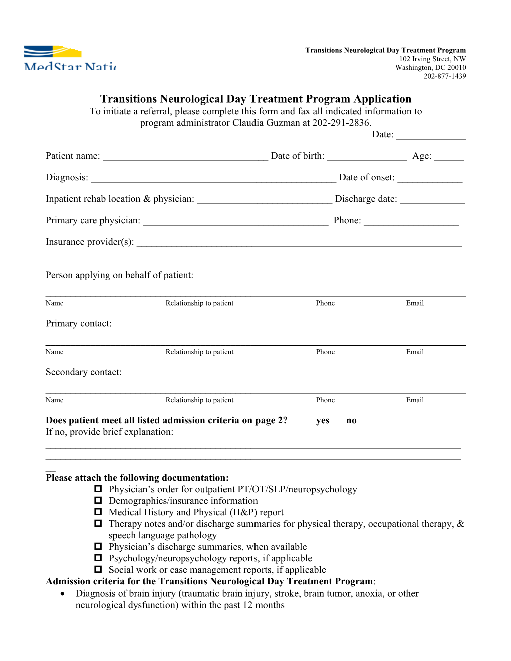 Transitions Neurological Day Treatment Program Application