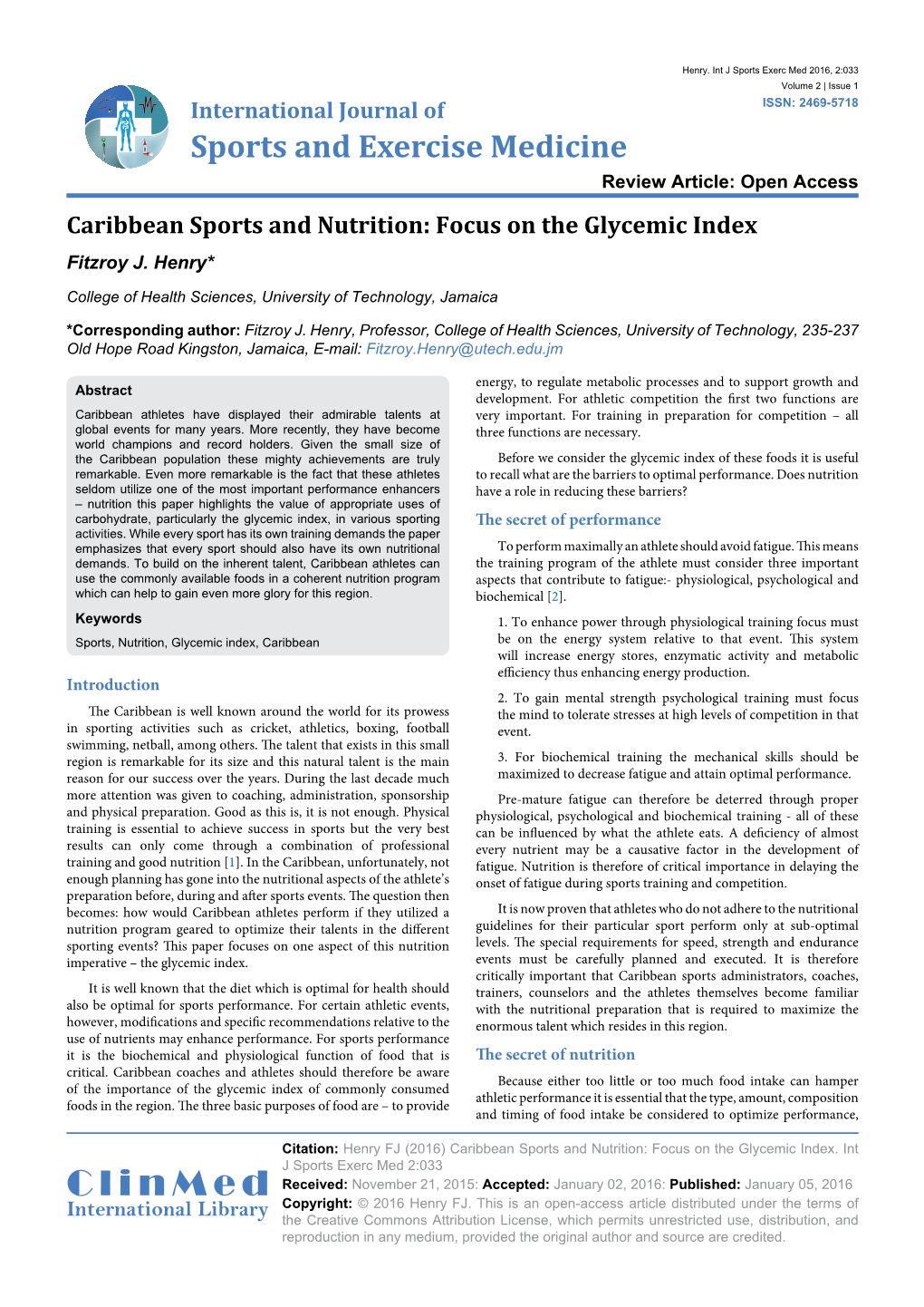 Caribbean Sports and Nutrition: Focus on the Glycemic Index Fitzroy J