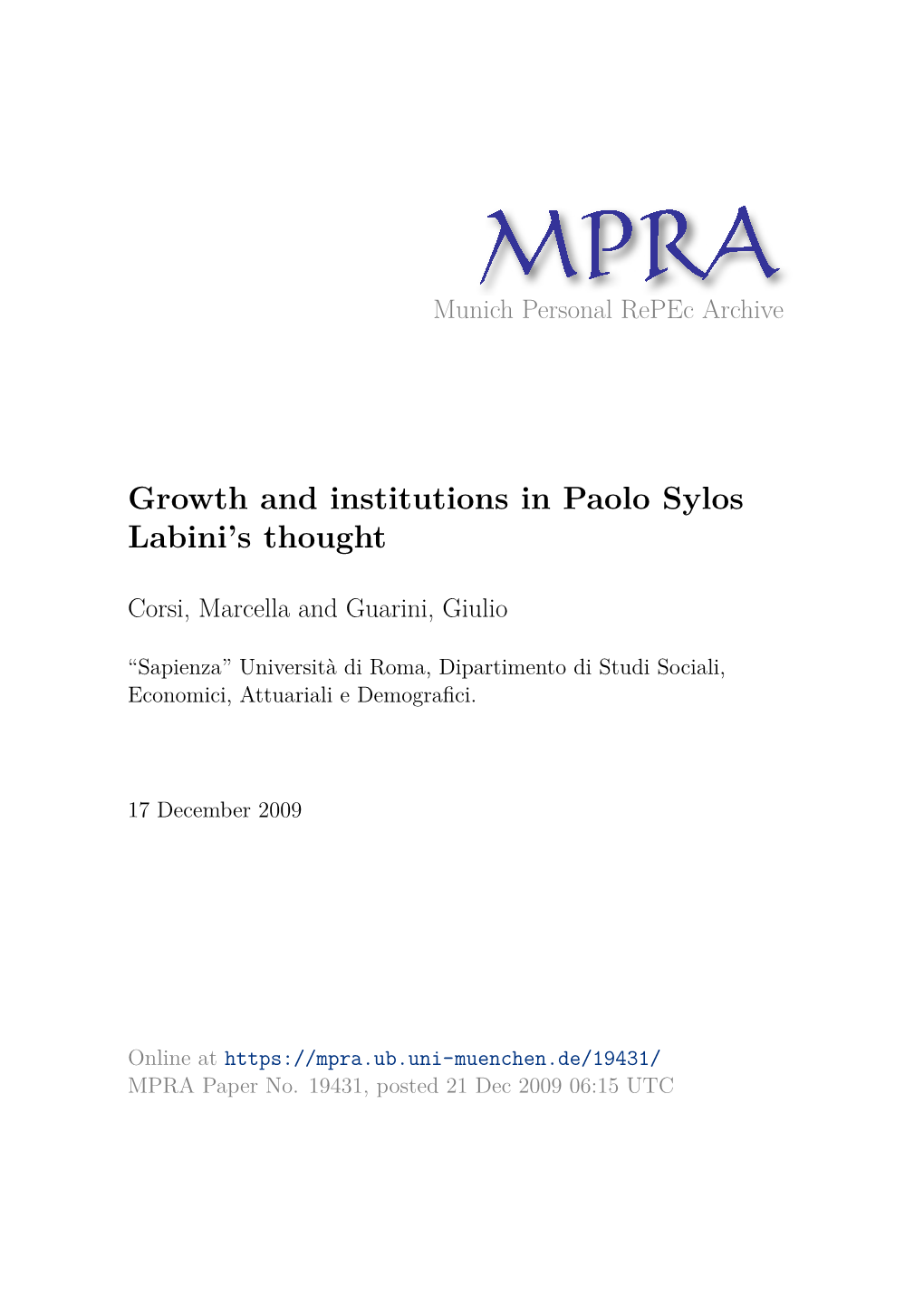 Growth and Institutions in Paolo Sylos Labini's Thought*