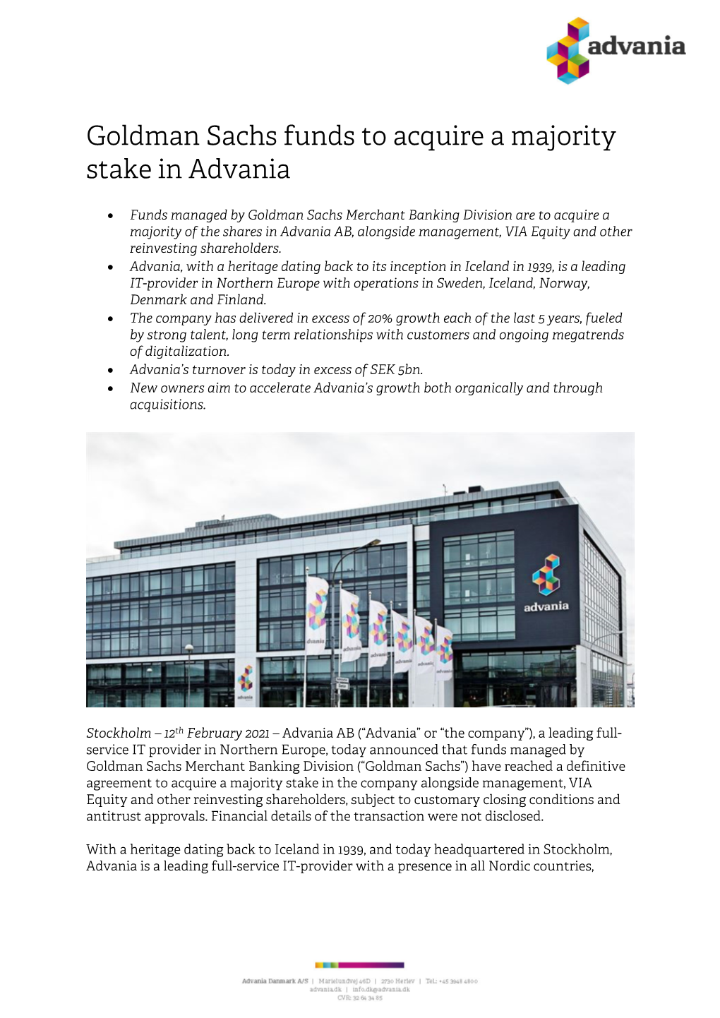 Goldman Sachs Funds to Acquire a Majority Stake in Advania