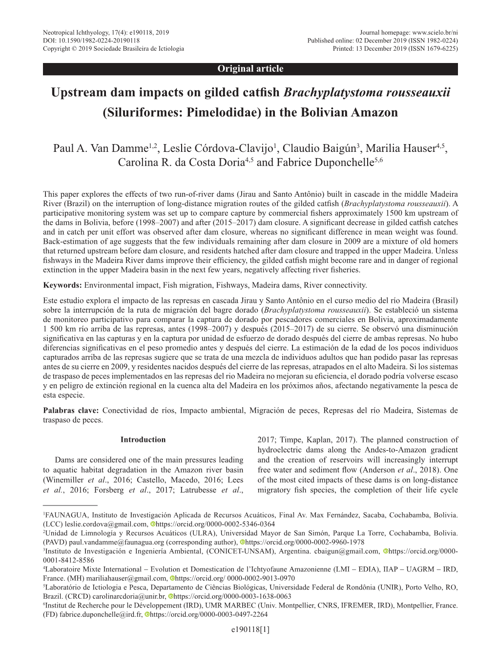 Upstream Dam Impacts on Gilded Catfish Brachiplatystoma Rousseauxii (Siluriformes : Pimelodidae)