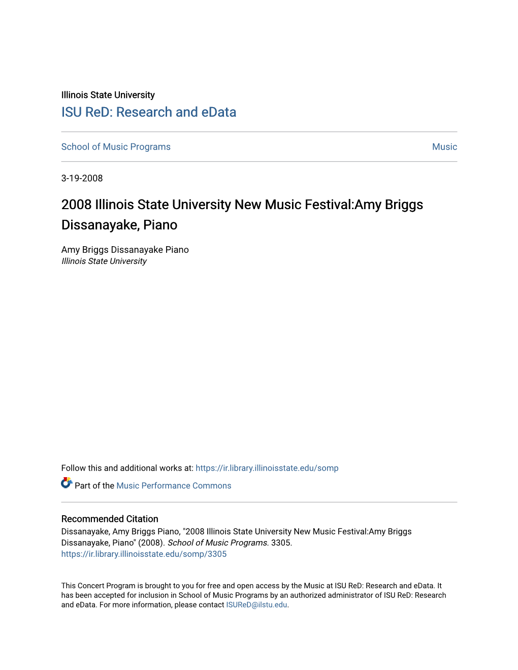 2008 Illinois State University New Music Festival:Amy Briggs Dissanayake, Piano