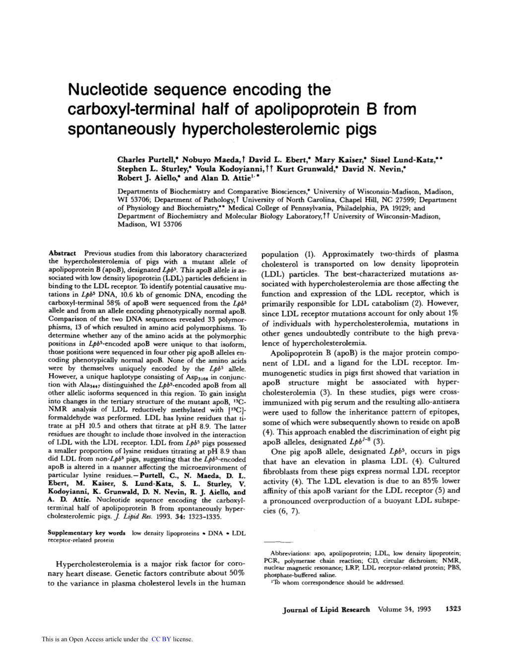 Nucleotide Sequence Encoding the Carboxyl-Terminal Half of Apolipoprotein B from Spontaneously Hypercholesterolemic Pigs