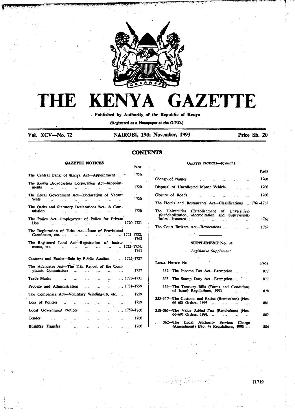 THE KENYA GAZETTE Published by Authority of the Republic of Kenya (Registered As a Newspaper at the G.P:0.) � Vol