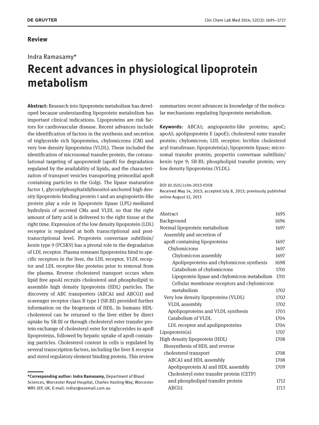 Recent Advances in Physiological Lipoprotein Metabolism