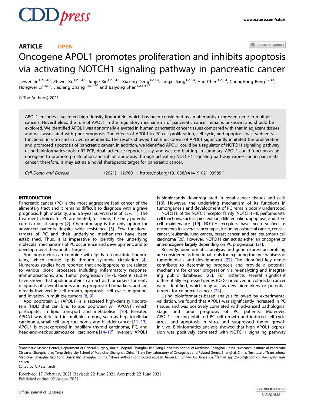 Oncogene APOL1 Promotes Proliferation and Inhibits Apoptosis Via Activating NOTCH1 Signaling Pathway in Pancreatic Cancer