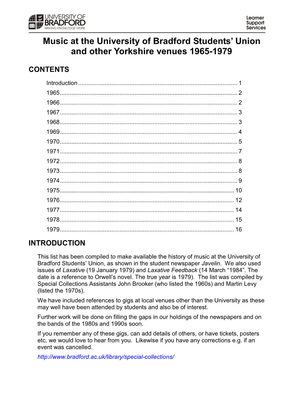 Music at the Students Union 1965-1979