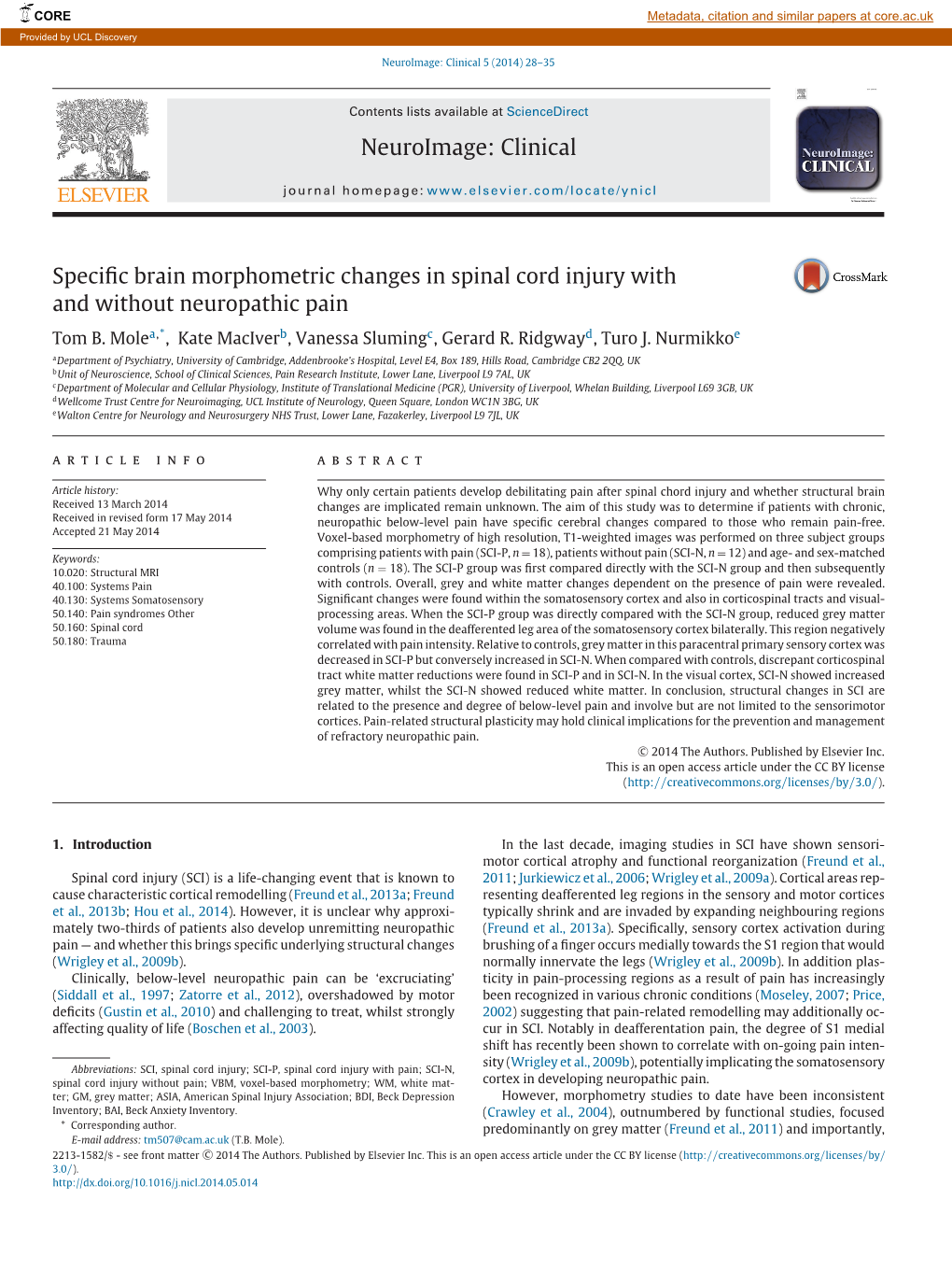 Specific Brain Morphometric Changes in Spinal Cord Injury With