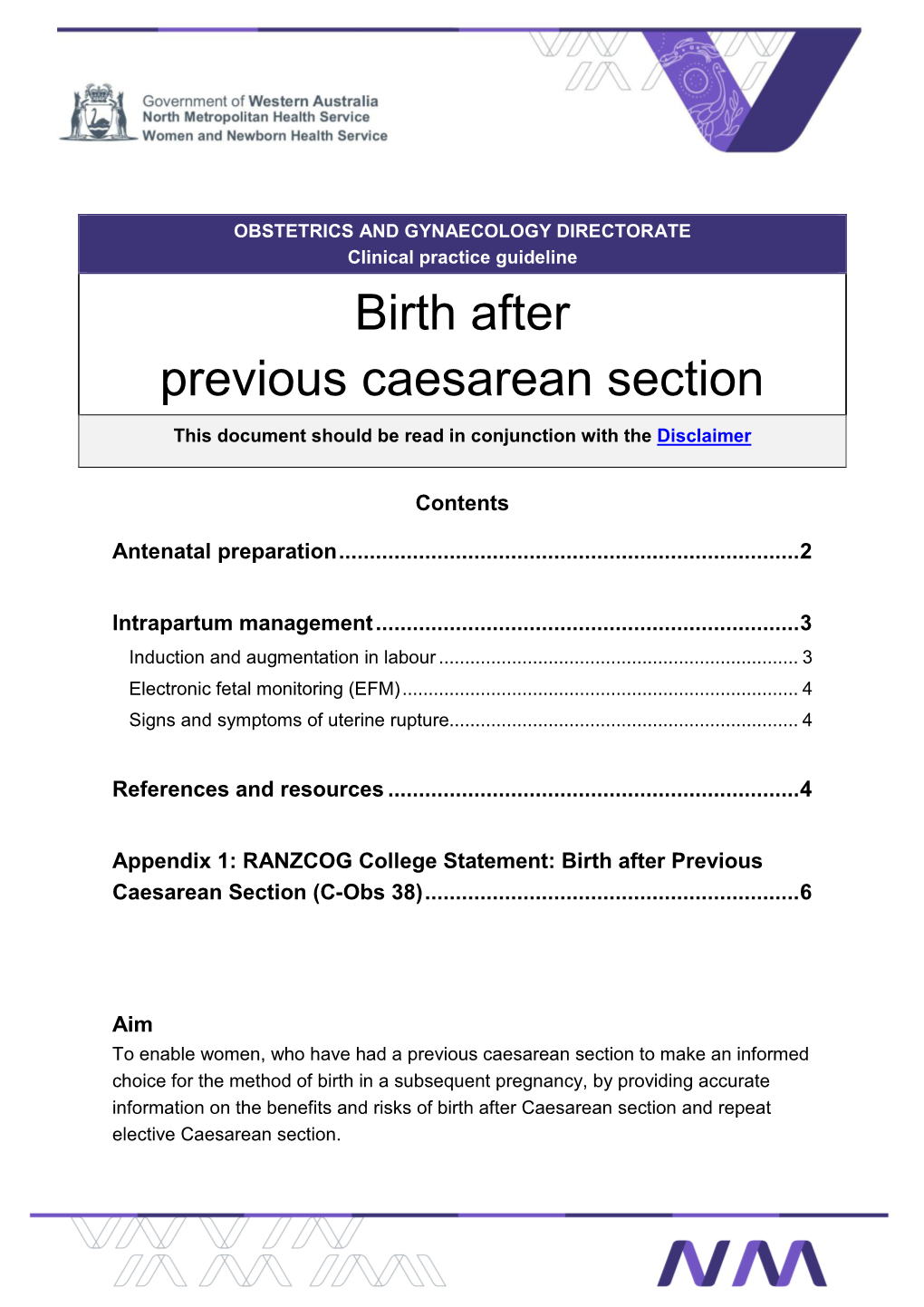 Birth After Previous Caesarean Section This Document Should Be Read in Conjunction with the Disclaimer