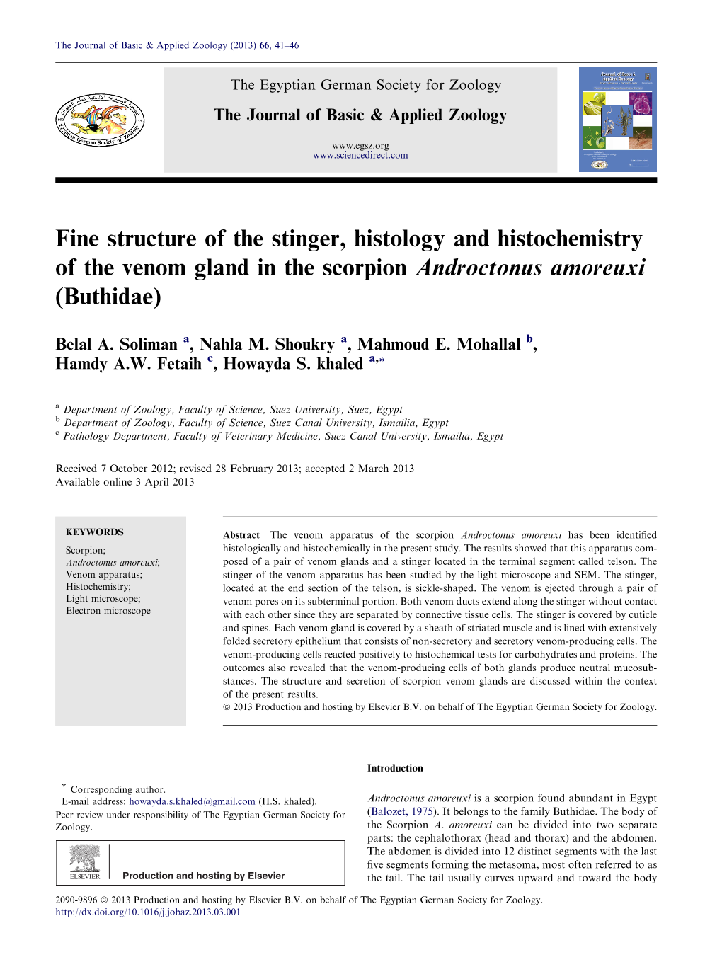 Fine Structure of the Stinger, Histology and Histochemistry of the Venom Gland in the Scorpion Androctonus Amoreuxi (Buthidae)