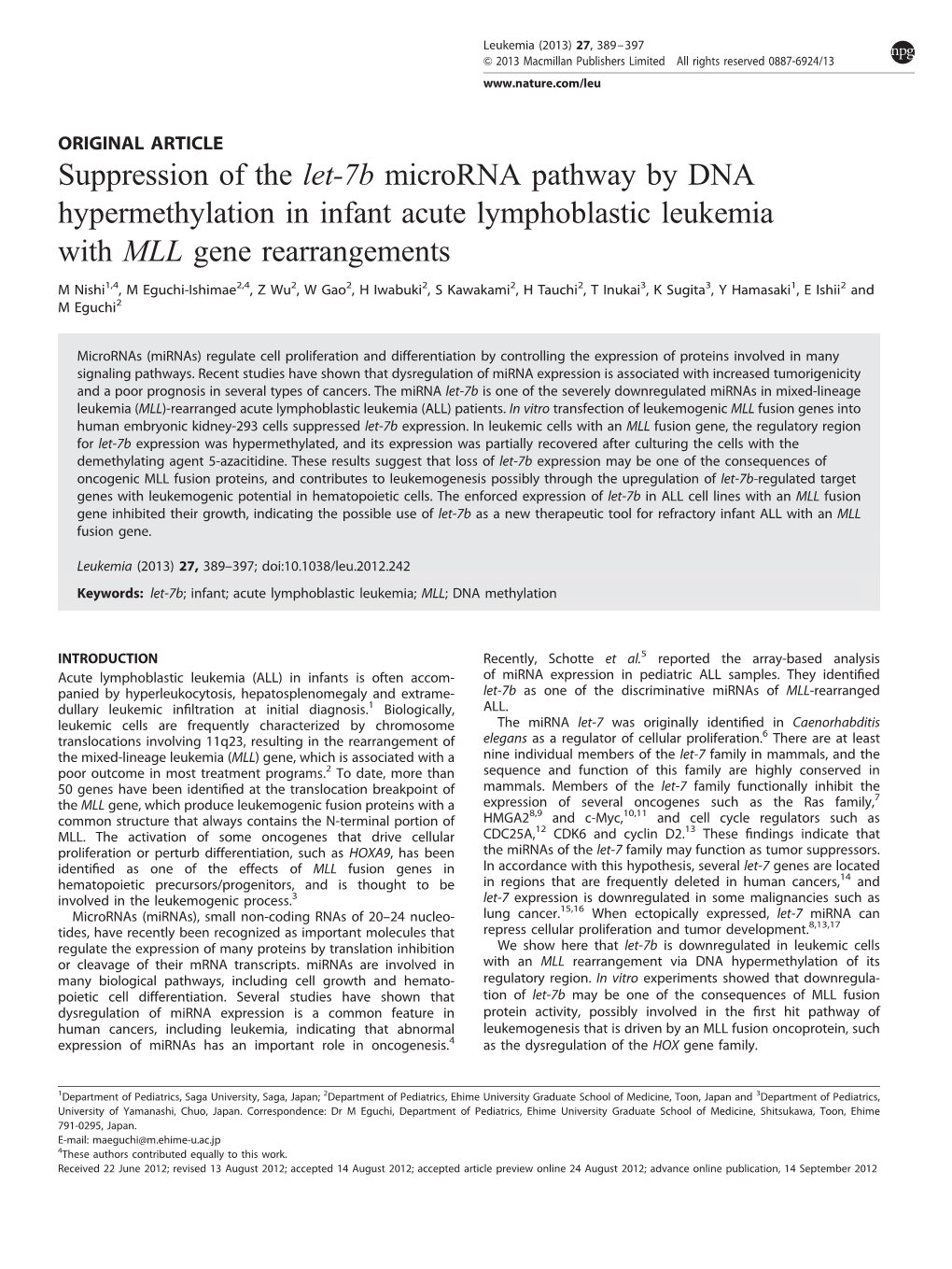 Suppression of the Let-7B Microrna Pathway by DNA Hypermethylation in Infant Acute Lymphoblastic Leukemia with MLL Gene Rearrangements