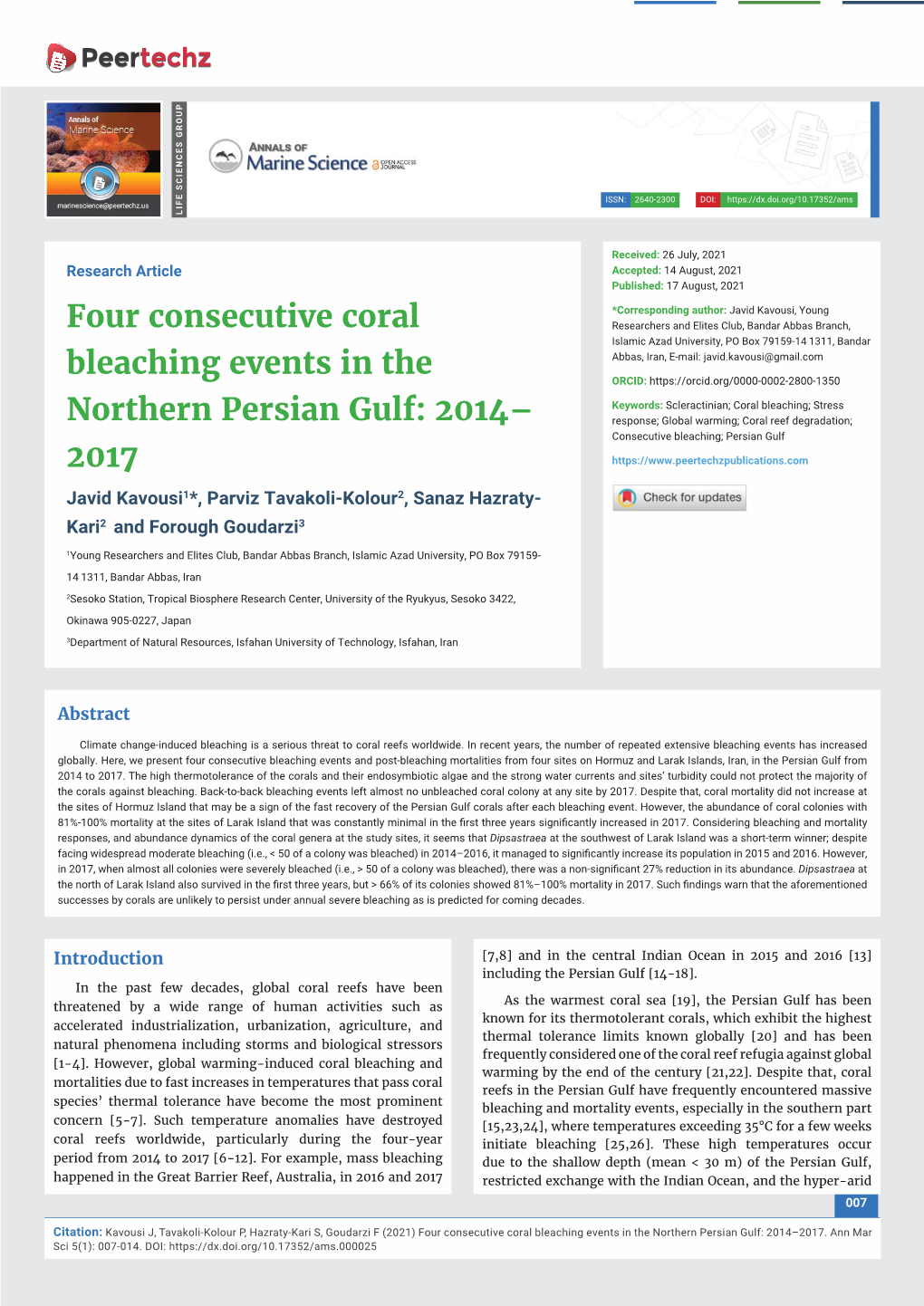 Four Consecutive Coral Bleaching Events in the Northern Persian Gulf: 2014–2017
