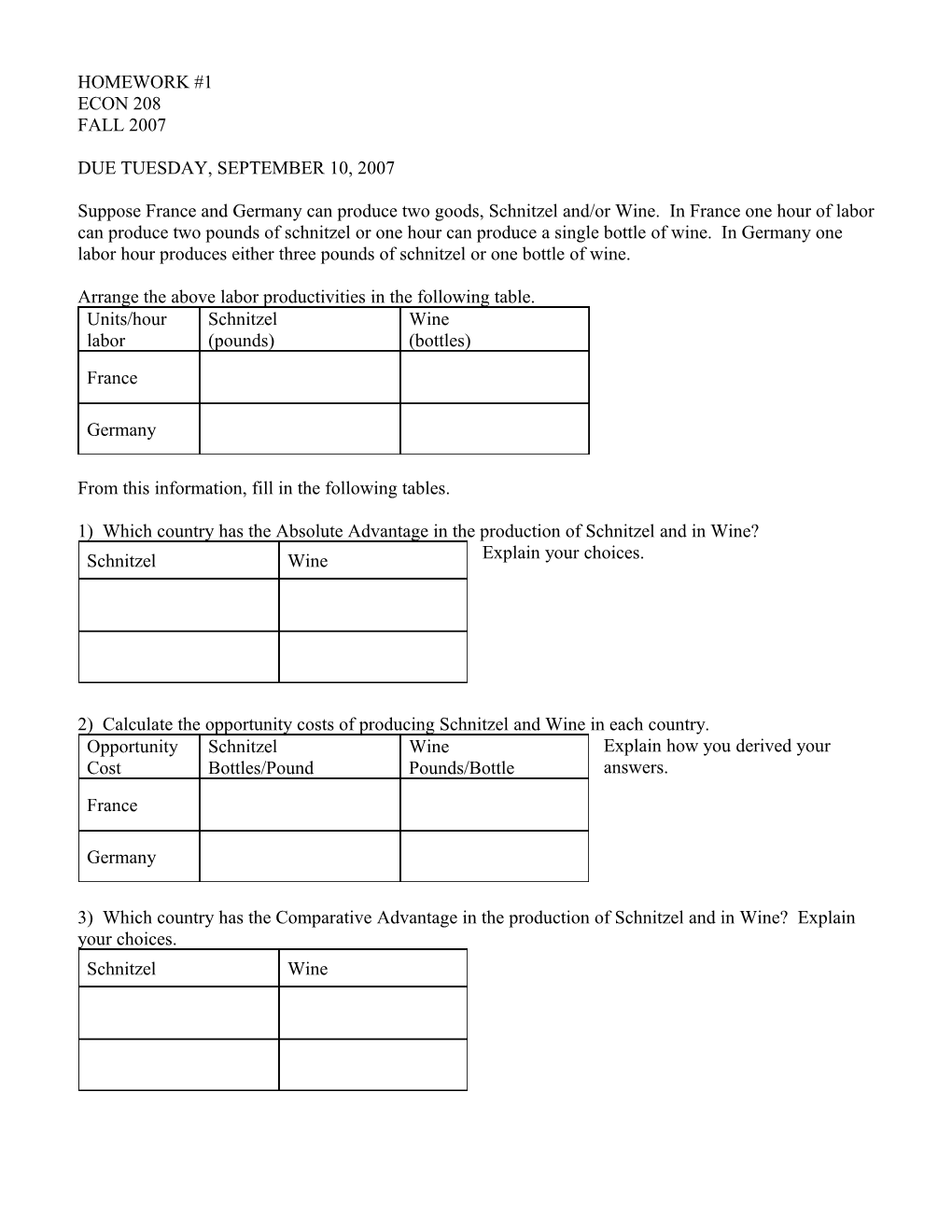 Arrange the Above Labor Productivities in the Following Table